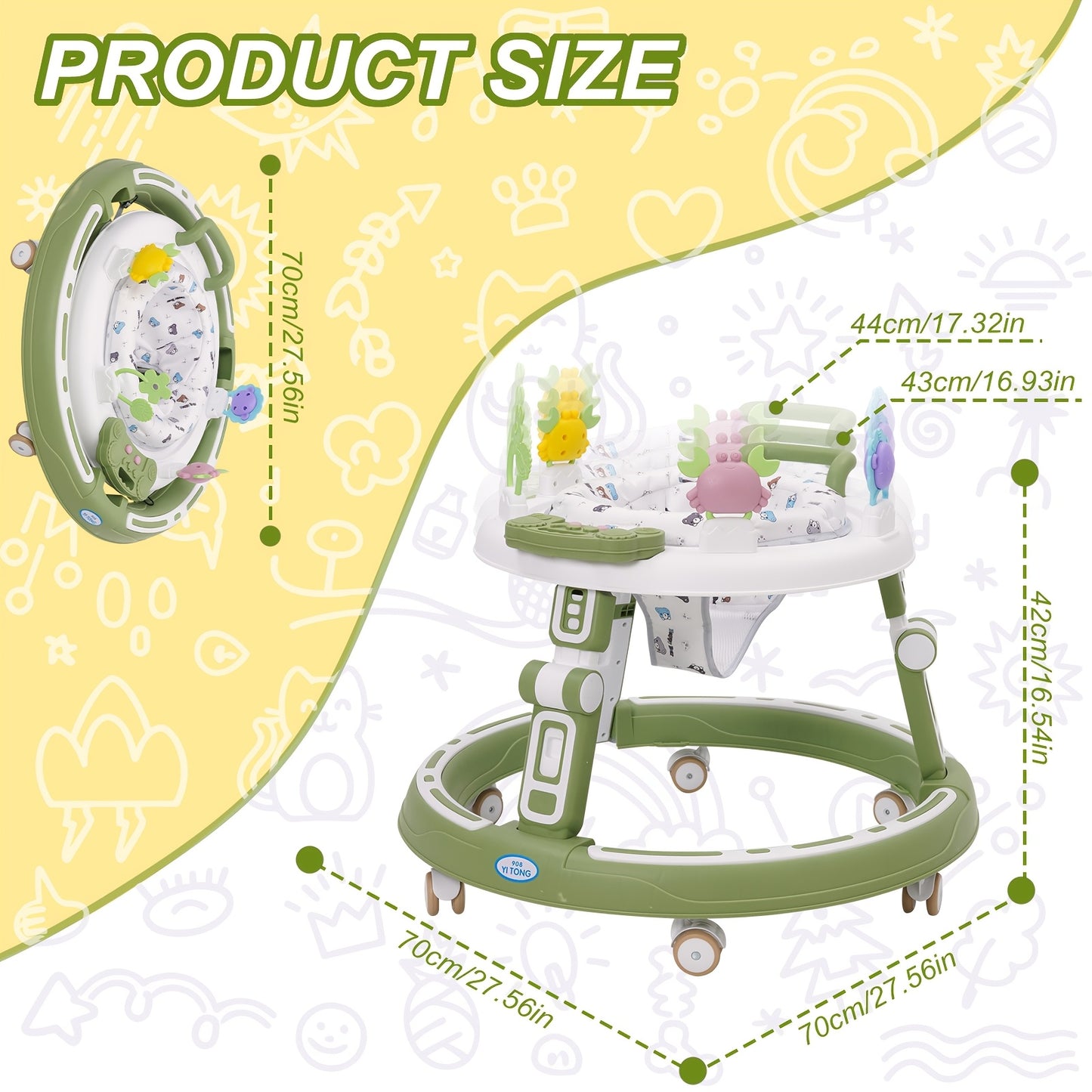 Baby Walker with Anti-Rollover Lock & Height Adjustment - Push Along Walking Chair with 4-Wheel Mobility, Soft Cushioned & -Free Learning Path for Boys & Girls 6-18 Months (Pink/Green) - Sturdy Frame for First Walkers