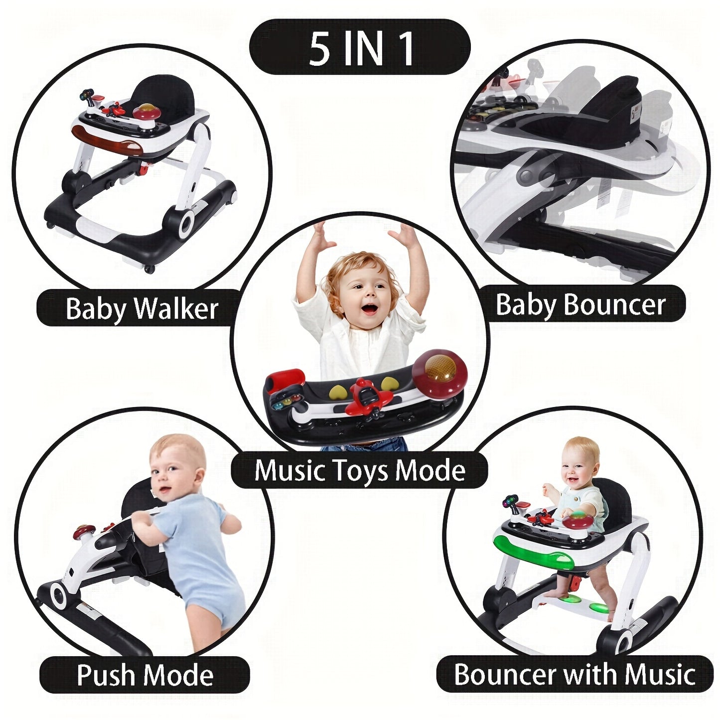 Kinder King Baby Walker With Music & Lights, 5 In 1 Baby Bouncer Activity Walker, Adjustable Height & Seat, Learning-Seated & Toddler Walk-Behind, Safety Bumper, Infant Walker Anti-Rollover, Black