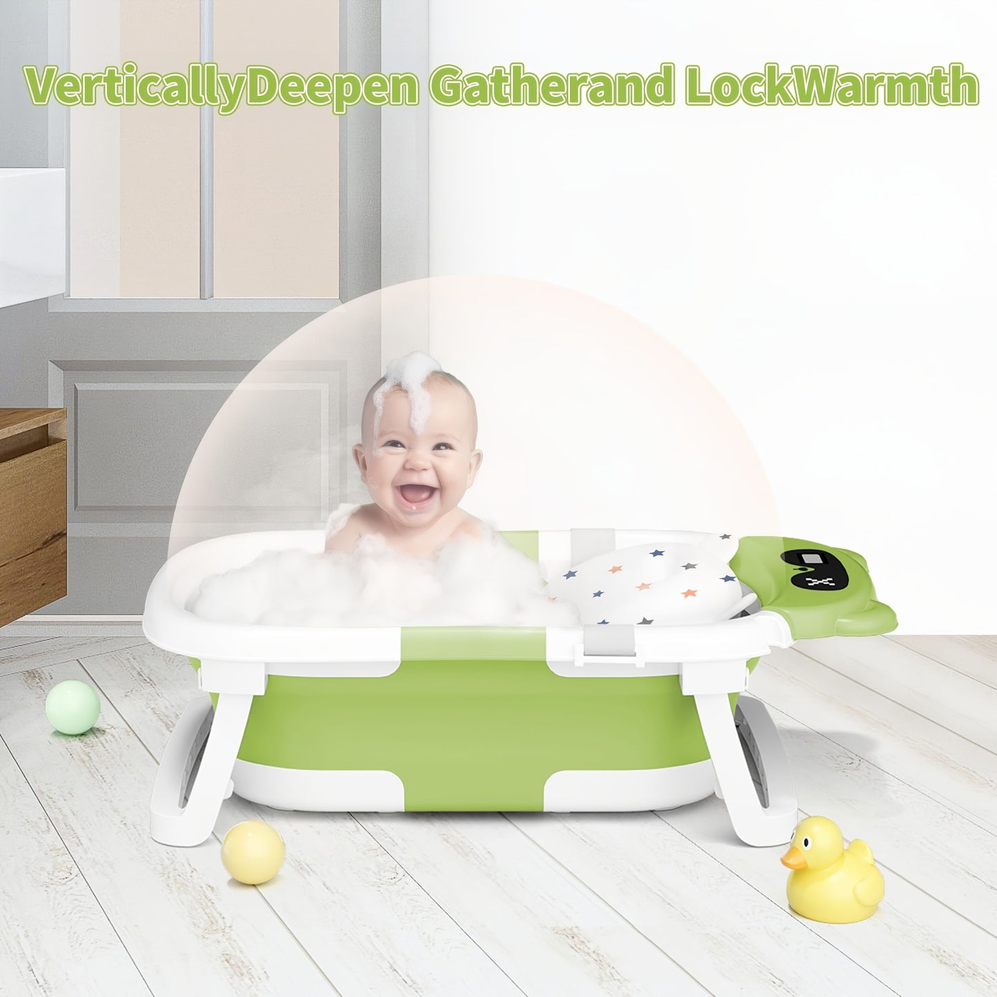 Baby Bathtub with Soft Cushion And Thermometer Portable Travel Foldable Baby Bathtub with Drain Hole Durable Foldable Baby Bath Tub Newborn to Toddler, Baby Items