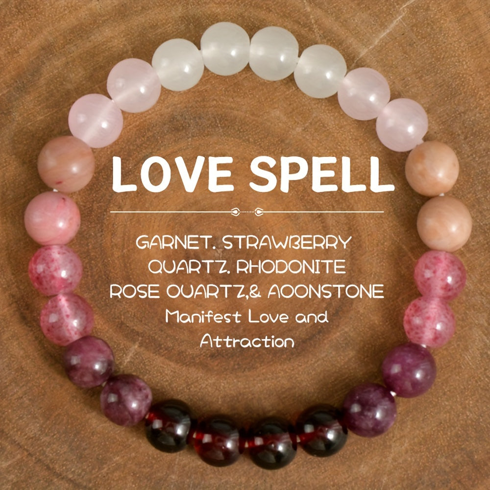 Elegant Simple Style 8mm Beaded Bracelet with Natural Stone, Synthetic Love Spell Gemstone, Garnet Strawberry Quartz, Rhodonite Rose Quartz Moonstone, for Daily Wear and Gift Giving - Valentine's Day All-Season Jewelry