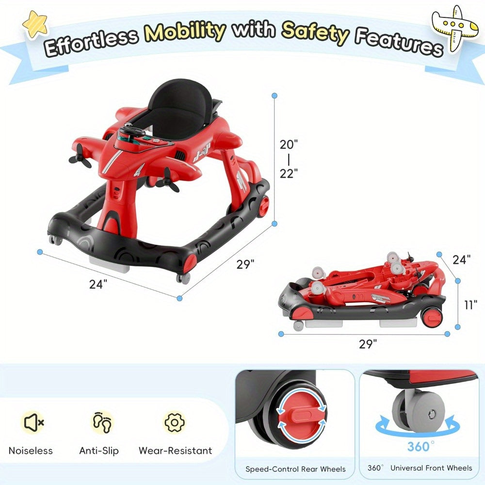 6-in-1 Baby Walker with Adjustable Speed Wheels, Adjustable Height Activity Walker with Padded Seat, Foldable Walker for Babies, Toddler Push Walker for Boy & Girl