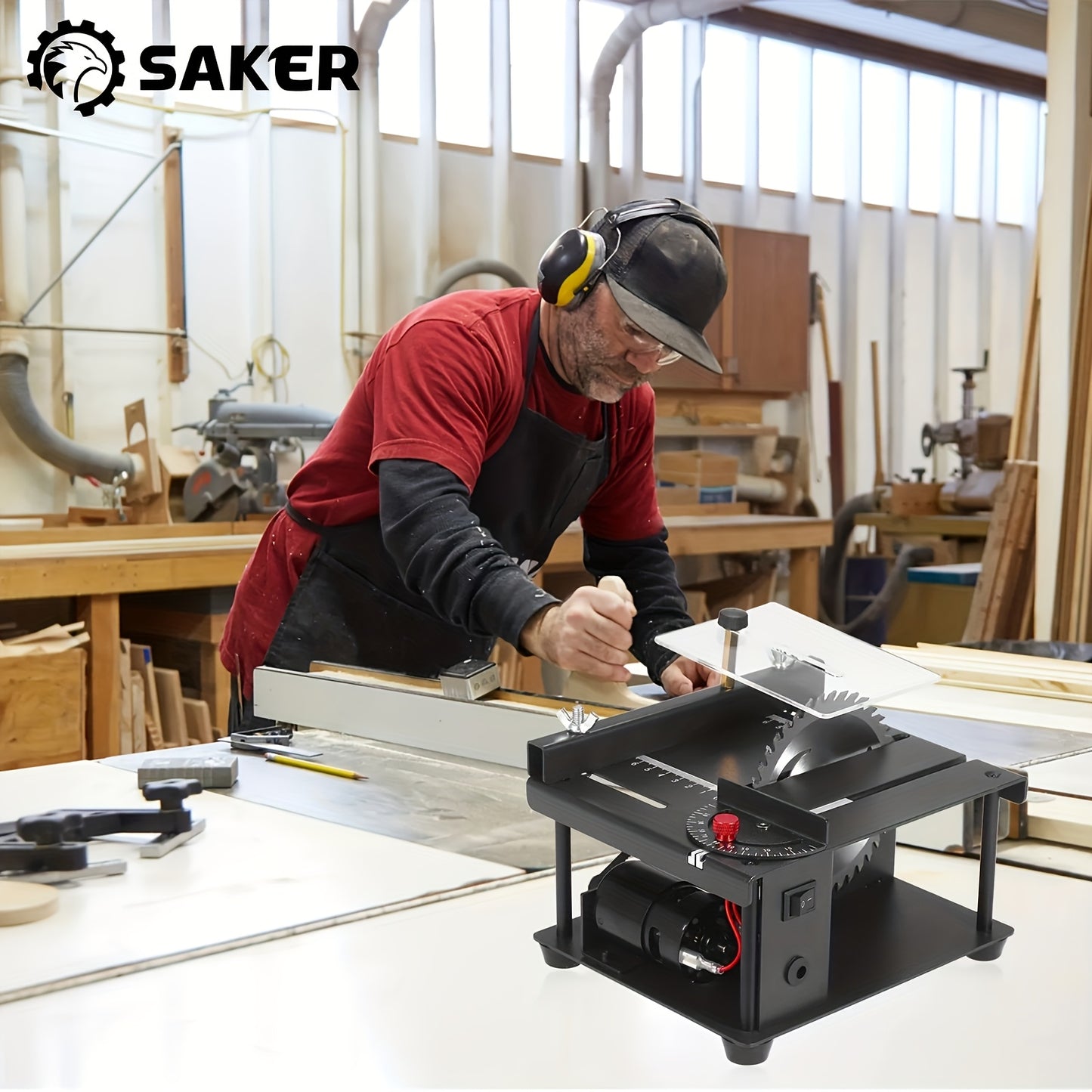 Saker 100W Mini Table Saw, with Adjustable Speed And Angle, Offers a Cutting Depth of 16MM, It Features a Power Supply with Seven Speed Settings for Precise And Safe Cutting, Ideal for Small Accessories And DIY Crafts, Making