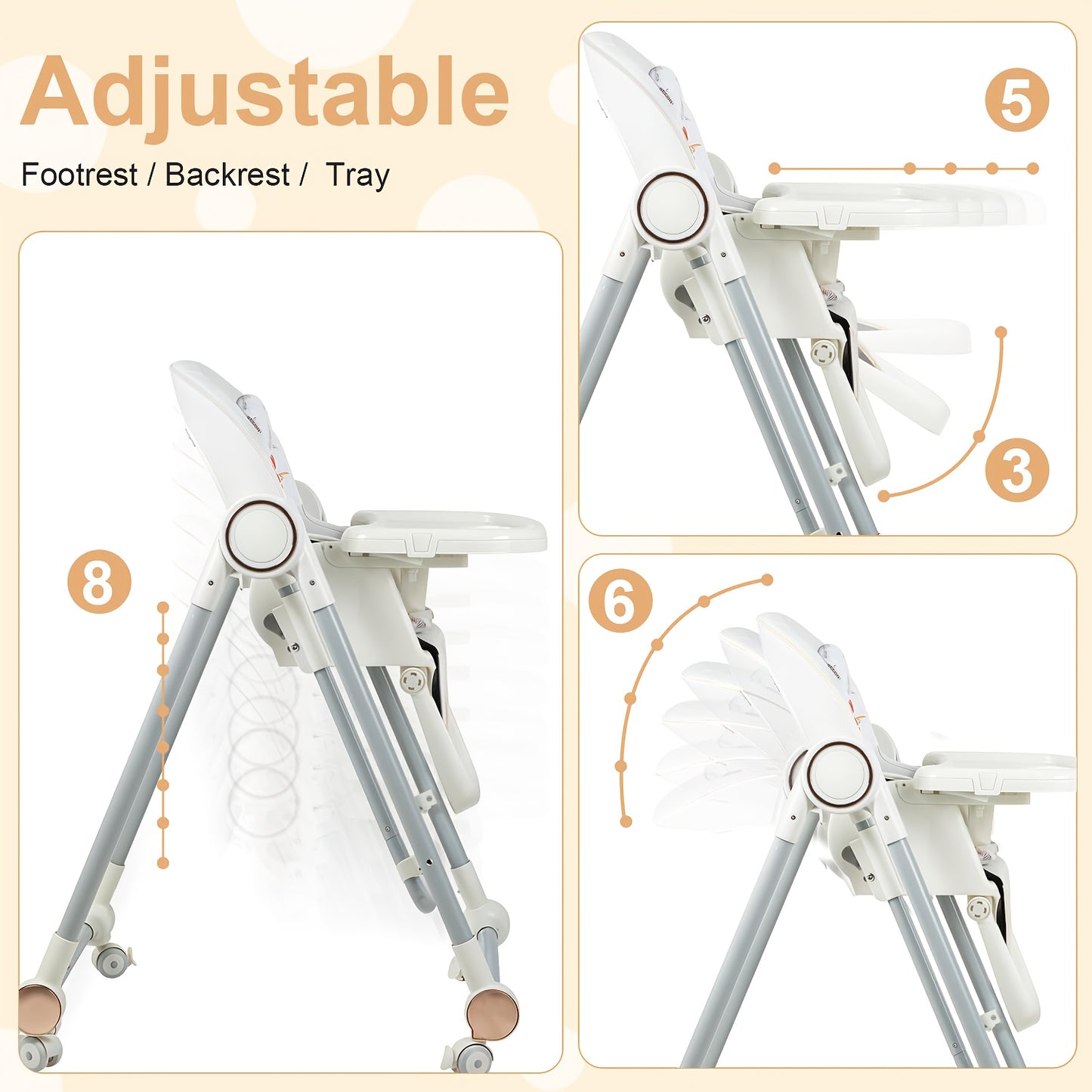 Baby High Chair, Foldable High Chair, Adjustable 2-in-1 High Chair&Swing Chair with 4 Locking Wheels, 7-speed Adjustable, Detachable Cushion, Safe/Comfortable/Easily Meets Baby's Feeding And Resting Needs, 1pc