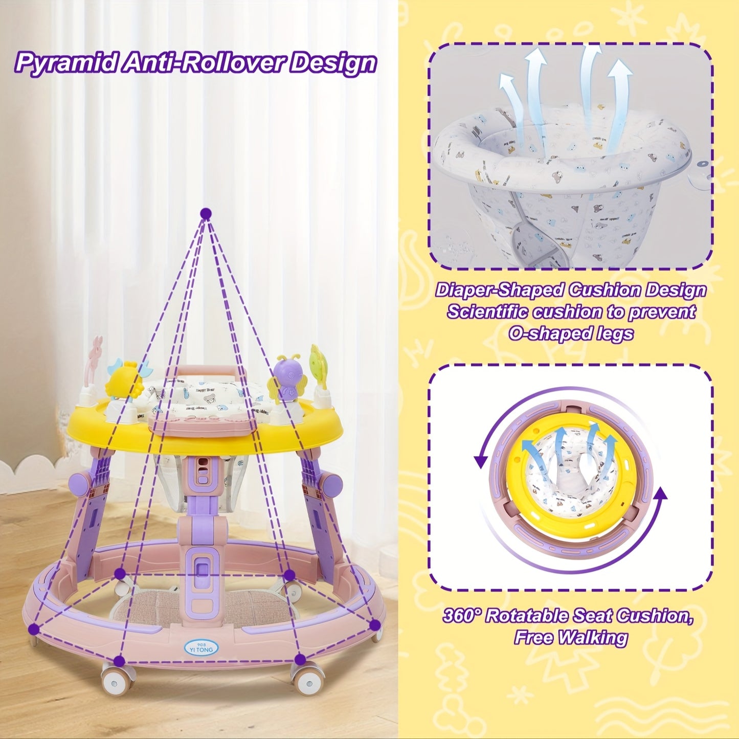 Baby Walker with Anti-Rollover Lock & Height Adjustment - Push Along Walking Chair with 4-Wheel Mobility, Soft Cushioned & -Free Learning Path for Boys & Girls 6-18 Months (Pink/Green) - Sturdy Frame for First Walkers