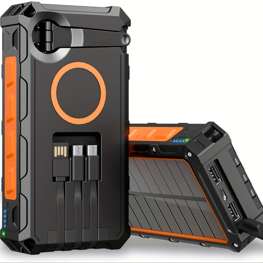 Power Bank Wireless Charger 30000mAh Comes With A Wire Hand Crank And 3 Cables 15W Fast Charging Power Bank 7 Outputs & 4 Inputs Solar Portable Charger, SOS/Strobe/Strong Flashlights - Orange