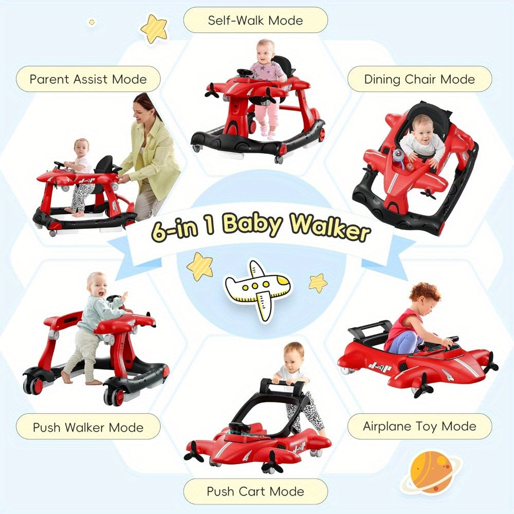 6-in-1 Baby Walker with Adjustable Speed Wheels, Adjustable Height Activity Walker with Padded Seat, Foldable Walker for Babies, Toddler Push Walker for Boy & Girl