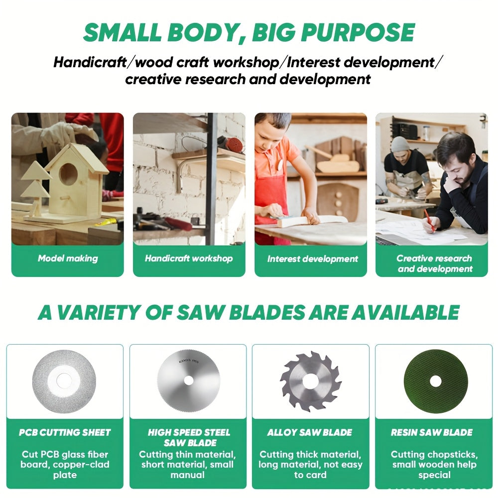 Saker 100W Mini Table Saw, with Adjustable Speed And Angle, Offers a Cutting Depth of 16MM, It Features a Power Supply with Seven Speed Settings for Precise And Safe Cutting, Ideal for Small Accessories And DIY Crafts, Making