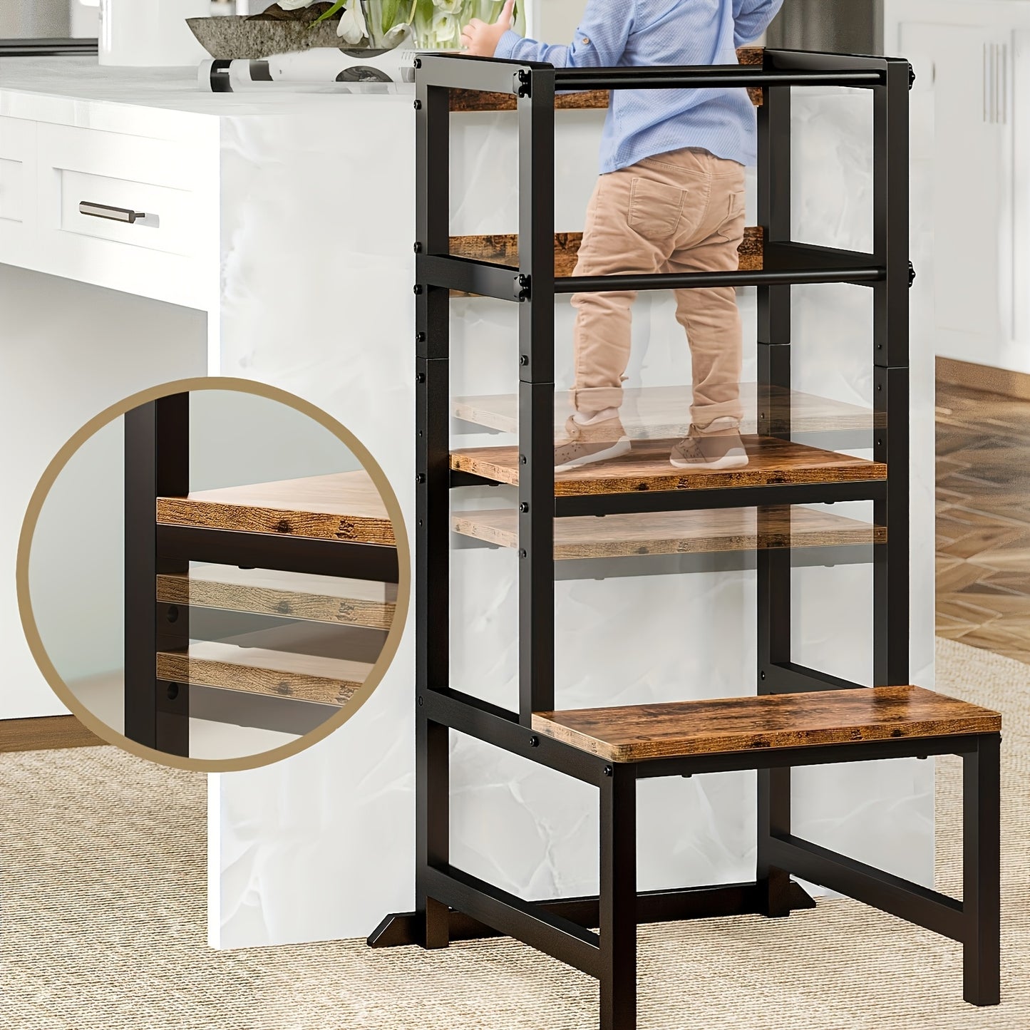 Adjustable Toddler Step Stool with Safety Rail, Wooden & Steel Learning Tower for Kids, Height Adjustable Kitchen Stool for Toddlers