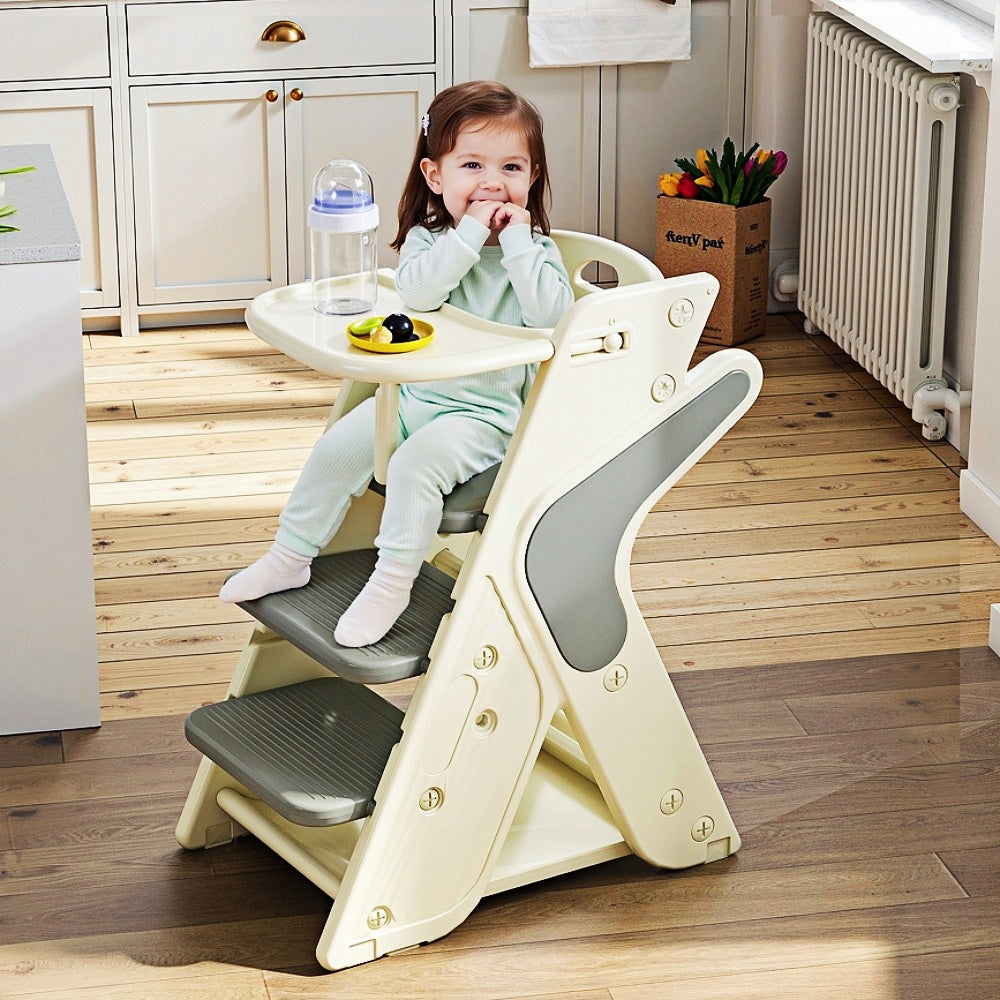 White + Charcoal Gray 16, 54x25, 20x31, 50 Inch Multifunctional Growth Chair HDPE Material Three-in-One Design Adjustable Height Five-Point Safety Belt Kitchen Dining Baby Feeding Learning