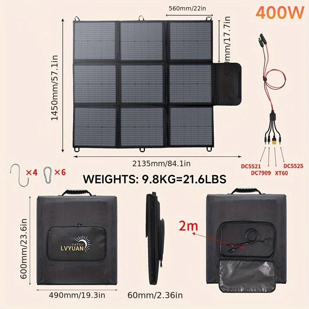 LVYUAN 120W/200W//300W/400W Portable Solar Panel, Foldable Solar Blanket, Monocrystalline High Power Solar Panel, Solar Cell Efficiency Up To 22.5%, Suitable For Outdoor Adventure Boat Power Station Camping RV Solar Generator