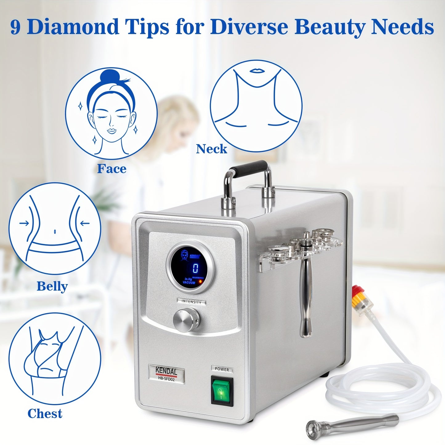 Kendal Professional Microdermabrasion Machine with Digital Display - 110V-220V HB-SFD02, 3-in-1 Facial Equipment for Home Use, Ergonomic Design, No Battery Needed, US Plug, Light Beige Care & Skincare Tool, Sleek Metallic Fin