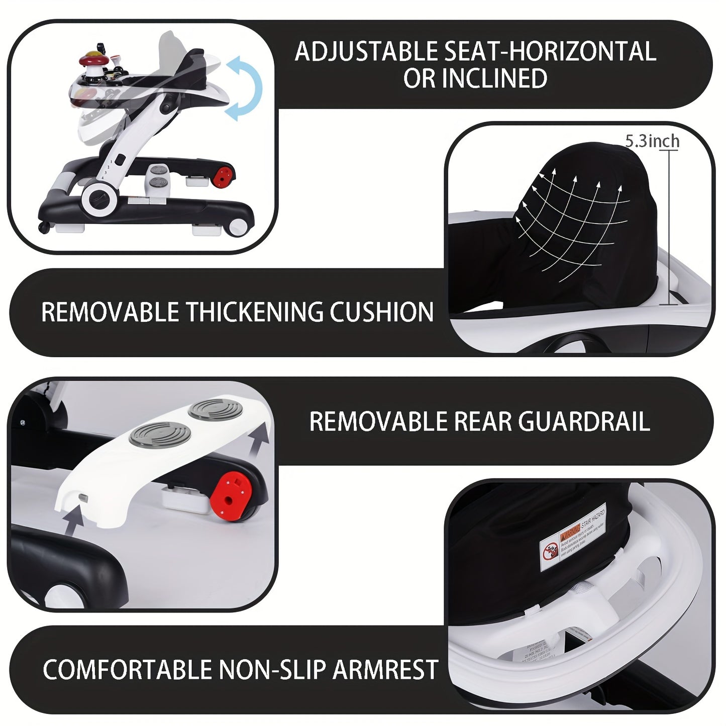 Kinder King Baby Walker With Music & Lights, 5 In 1 Baby Bouncer Activity Walker, Adjustable Height & Seat, Learning-Seated & Toddler Walk-Behind, Safety Bumper, Infant Walker Anti-Rollover, Black