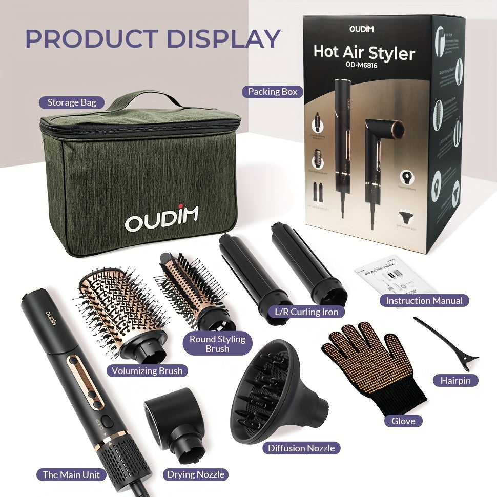 OUDIM 6-in-1 Multi-Functional Hot Air Comb & Styler - Negative Ion Technology, 110, 000 RPM High-Speed Frizz-Free Hair Dryer Brush, Curling Iron & Straightener with Auto-Winding Rod, Foldable Handle & Storage Bag for Rapid Dr