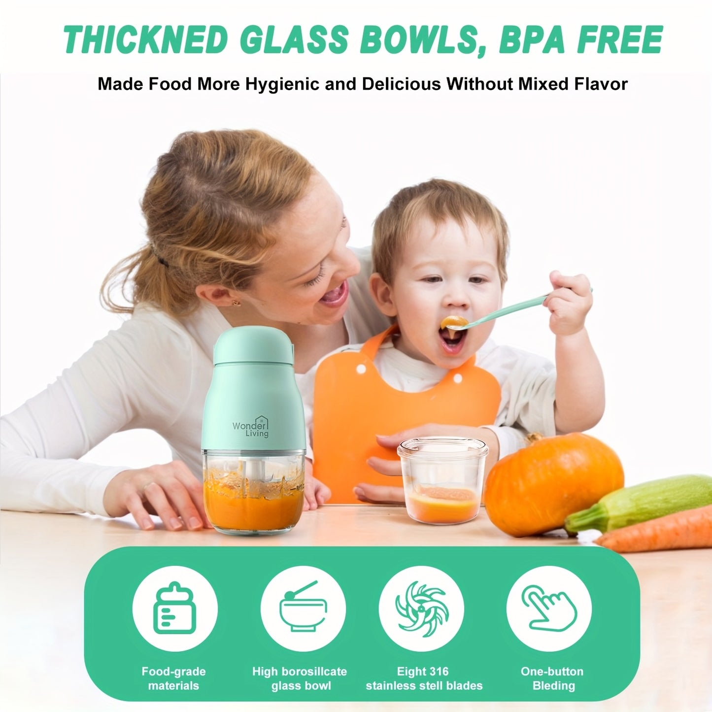 8-Blade Stainless Steel Blade Baby Food Maker Set with Easy-Clean Blender, Food Processor & Containers - Heavy-Duty Corded Electric Baby Food Maker with 8-Blade Blade, Containers & Green Base - Ideal For Fruits, Vegetables