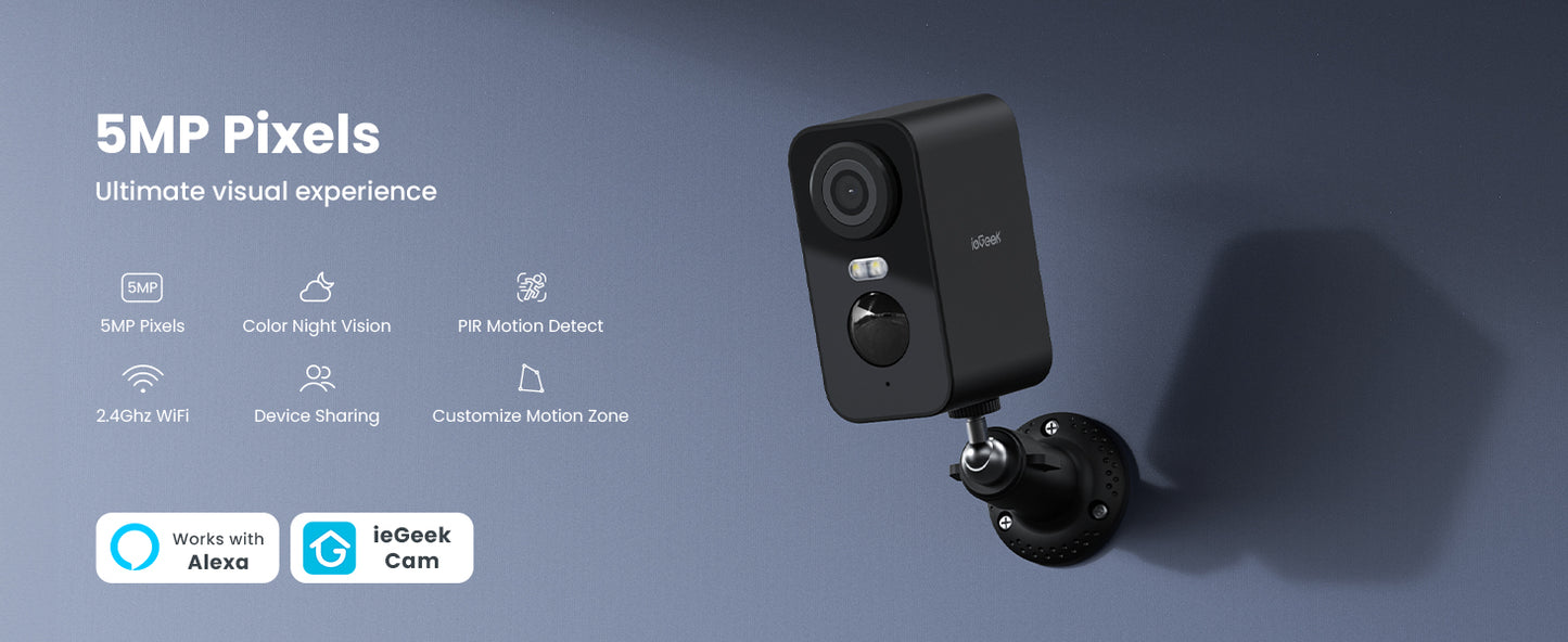 ieGeek 5MP WiFi Outdoor Surveillance Camera Wireless 5200 mAh Battery   , PIR Motion Detection, Colourful Night Vision