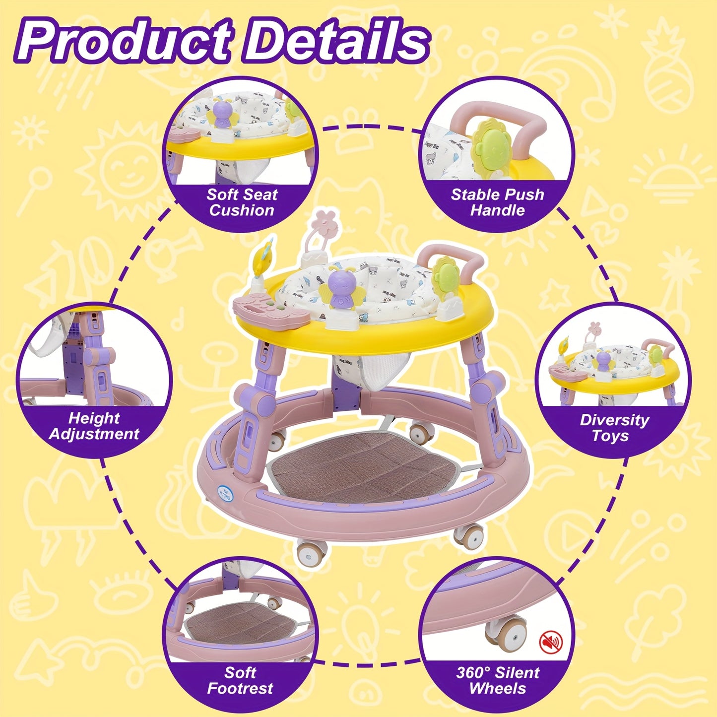 Baby Walker with Anti-Rollover Lock & Height Adjustment - Push Along Walking Chair with 4-Wheel Mobility, Soft Cushioned & -Free Learning Path for Boys & Girls 6-18 Months (Pink/Green) - Sturdy Frame for First Walkers