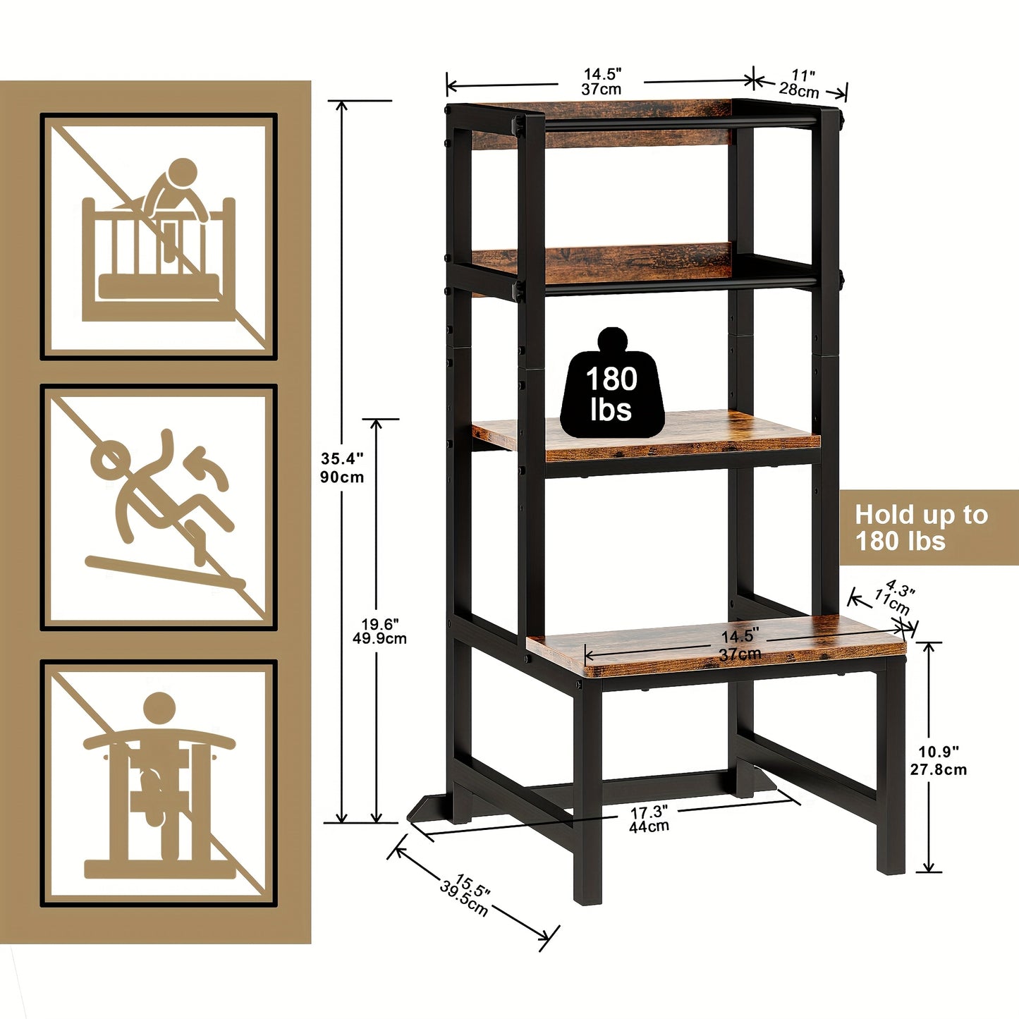 Adjustable Toddler Step Stool with Safety Rail, Wooden & Steel Learning Tower for Kids, Height Adjustable Kitchen Stool for Toddlers
