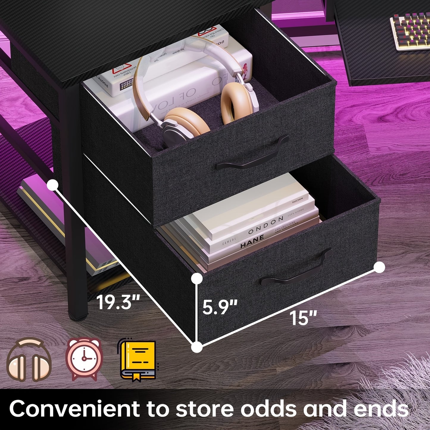 79 Inch Gaming Desk with LED Lights & Power Outlets, Computer Desk with 2 Fabric Drawers, Open Shelves, Cpu Stand, Cup Holder, Headphones Hooks and Keyboard Tray, Modern Corner Desk PC Workstation For Bedroom, Black Carbon Fi