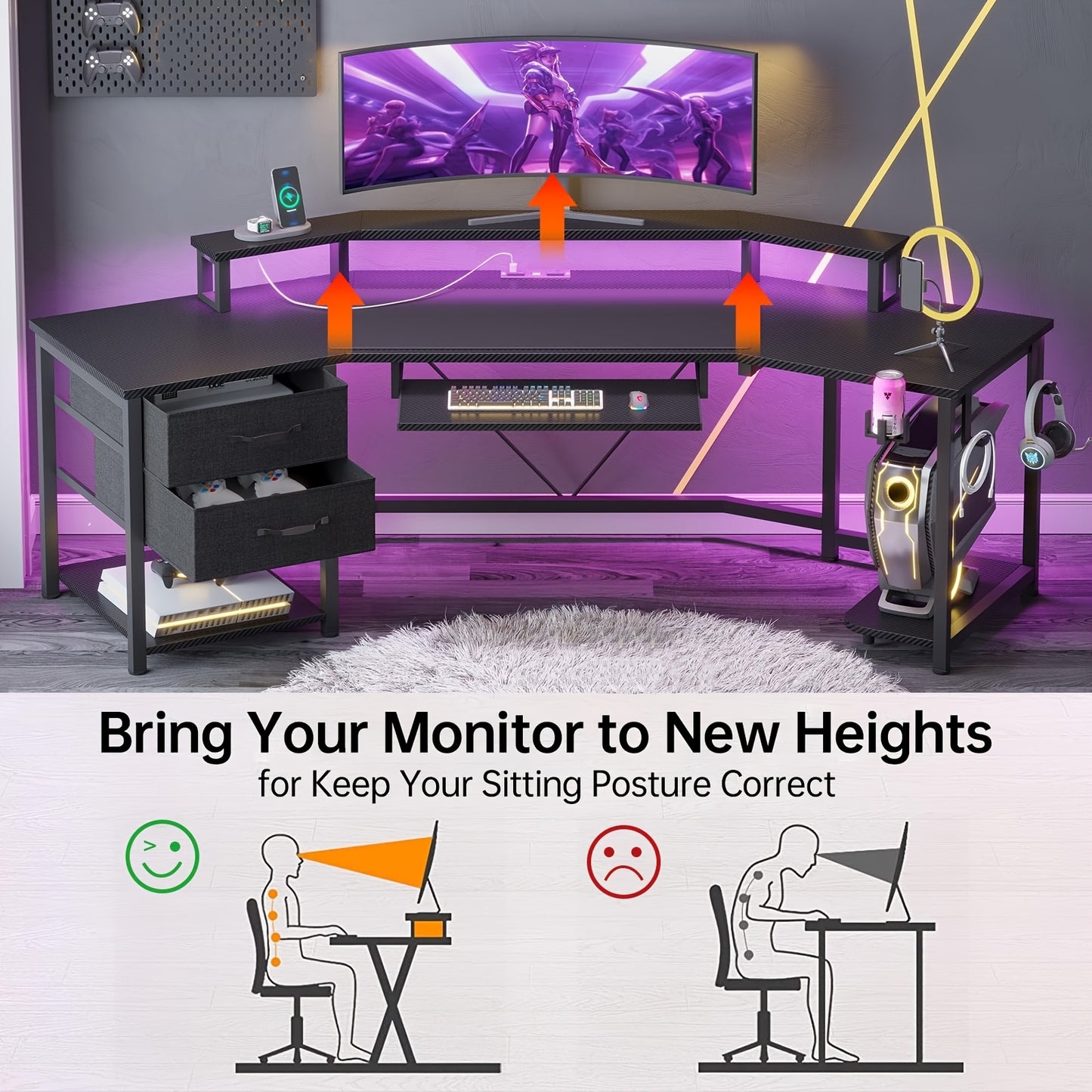 79 Inch Gaming Desk with LED Lights & Power Outlets, Computer Desk with 2 Fabric Drawers, Open Shelves, Cpu Stand, Cup Holder, Headphones Hooks and Keyboard Tray, Modern Corner Desk PC Workstation For Bedroom, Black Carbon Fi