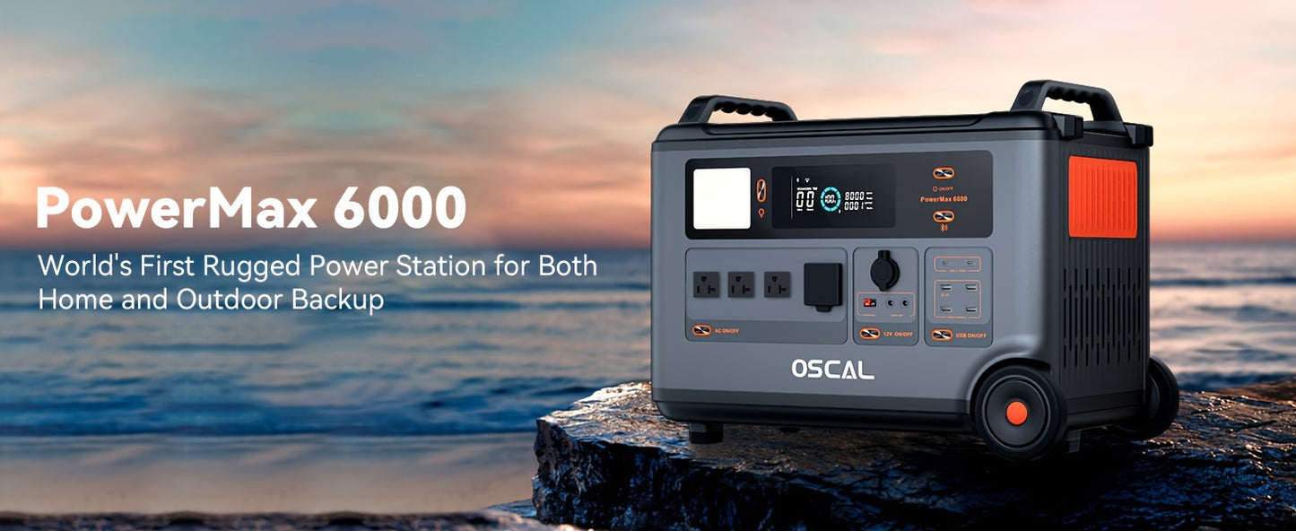 OSCAL PowerMax 6000Surge 7200W Portable Power Station, 3600Wh LiFePO4 Expandable Solar Generator With 4xAC Outlets, 1.2H Full Charge, 10ms UPS For Home Emergency, Outdoor Camping, Road Trips, Christmas, Festival, New Year's G