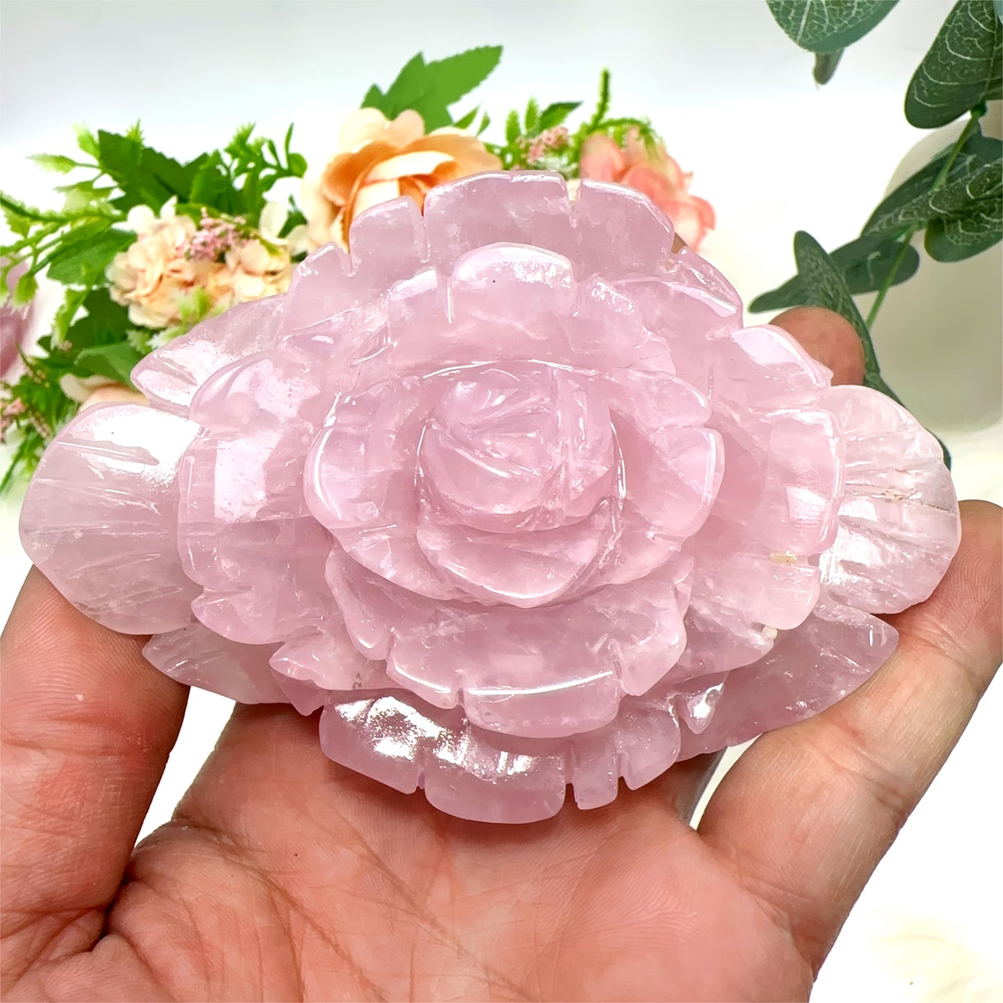 1pc Hand-Carved Rose Quartz Peony Flower – Pink Crystal Romance Decor, 300-500g/10.5-17.6oz, Irregular Shape, Perfect for Valentine’s Day, Mother’s Day, Christmas, Thanksgiving & Graduation Gifts, Home Decoration