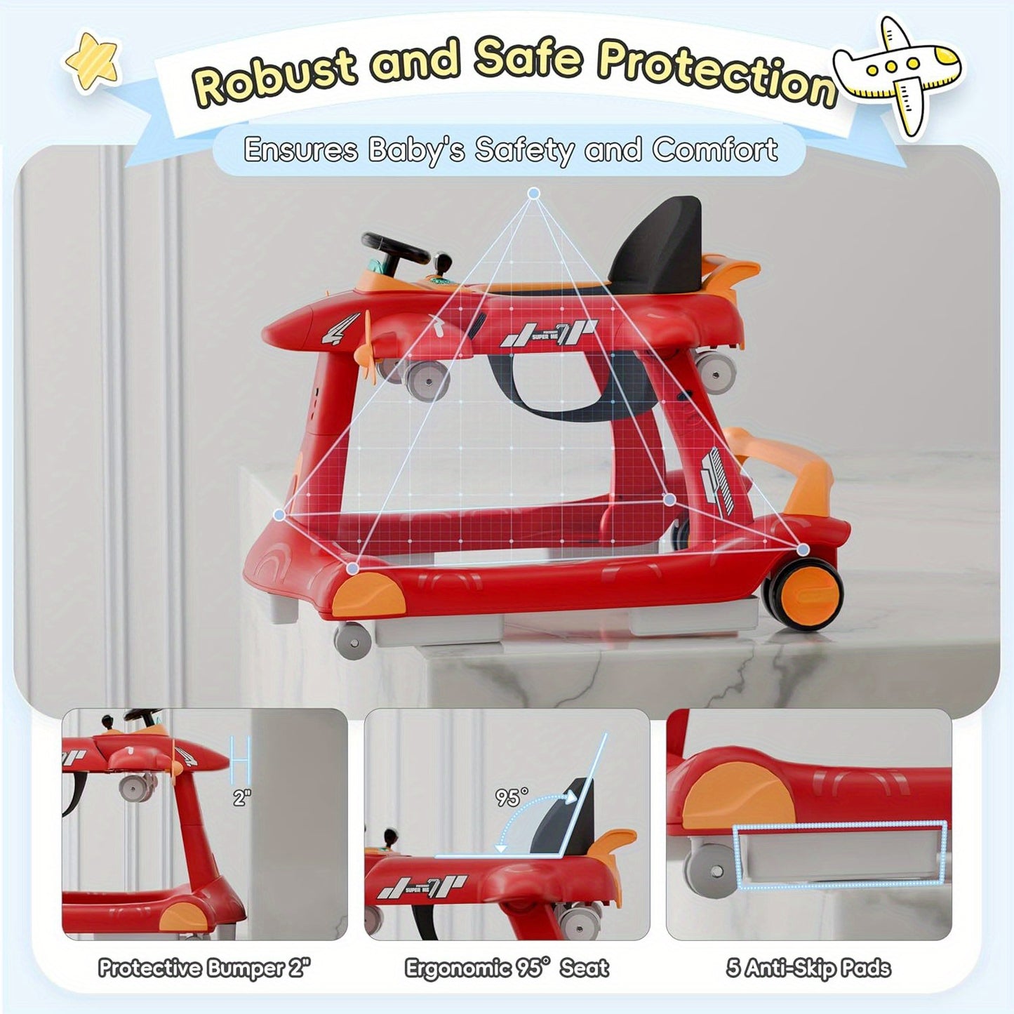 6-in-1 Baby Walker with Adjustable Speed Wheels, Adjustable Height Activity Walker with Padded Seat, Foldable Walker for Babies, Toddler Push Walker for Boy & Girl