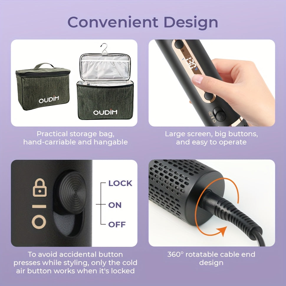 OUDIM 6-in-1 Multi-Functional Hot Air Comb & Styler - Negative Ion Technology, 110, 000 RPM High-Speed Frizz-Free Hair Dryer Brush, Curling Iron & Straightener with Auto-Winding Rod, Foldable Handle & Storage Bag for Rapid Dr