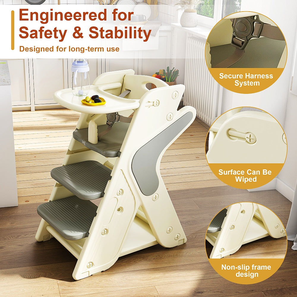 White + Charcoal Gray 16, 54x25, 20x31, 50 Inch Multifunctional Growth Chair HDPE Material Three-in-One Design Adjustable Height Five-Point Safety Belt Kitchen Dining Baby Feeding Learning