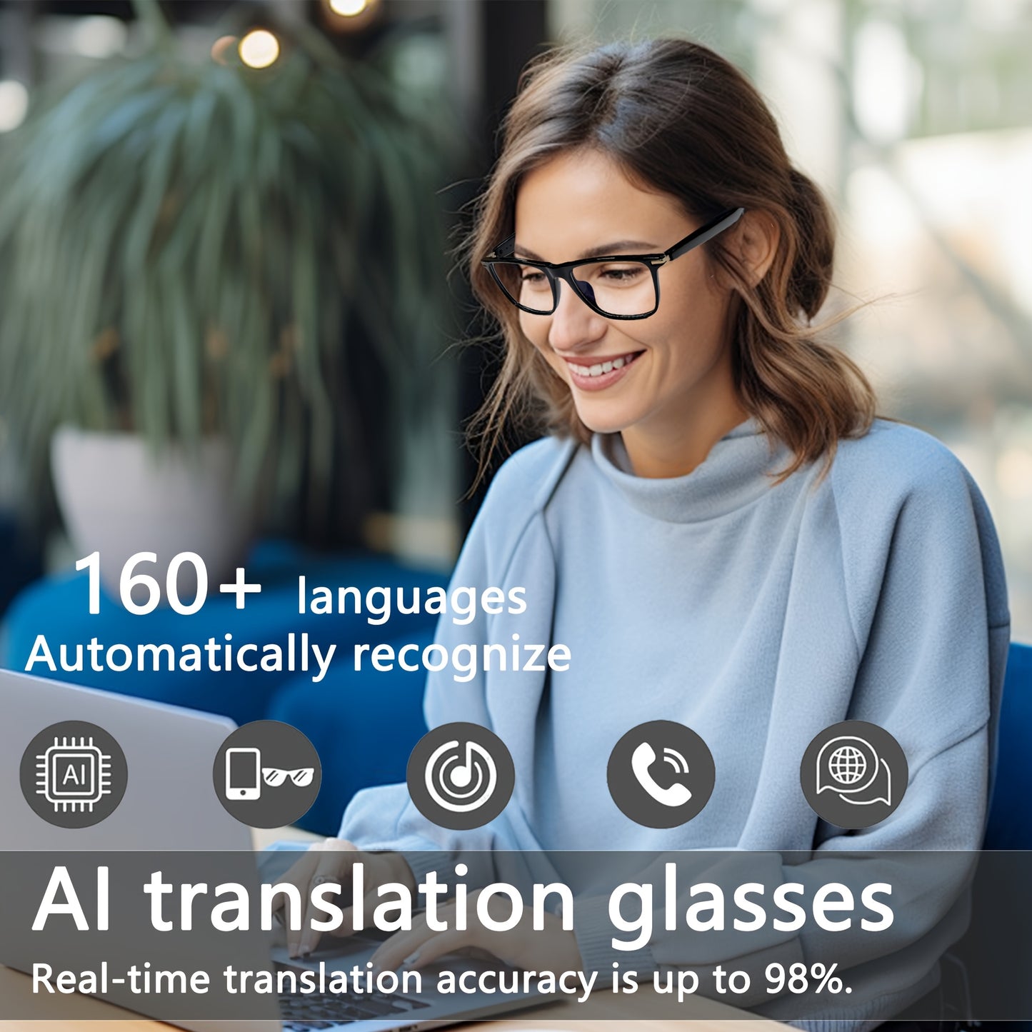 AI Smart Glasses, Smart Glasses with 160+ Languages Real Time Translation Support, Chat GPT System, OICIIDO New Multi-functional Audio Glasses for Men And Women, Built-in Microphone And Speaker, HD Voice Calls And HIFI Music