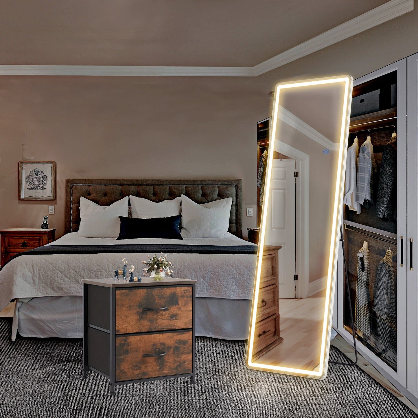 LED Makeup Mirror, Adjustable Brightness Full-Length Mirror, Highly Acclaimed Dressing Mirror. 2-Drawer Storage Cabinet, Bedside Table, Fabric Drawer Scratch Resistant, Metal Frame Sturdy And Durable