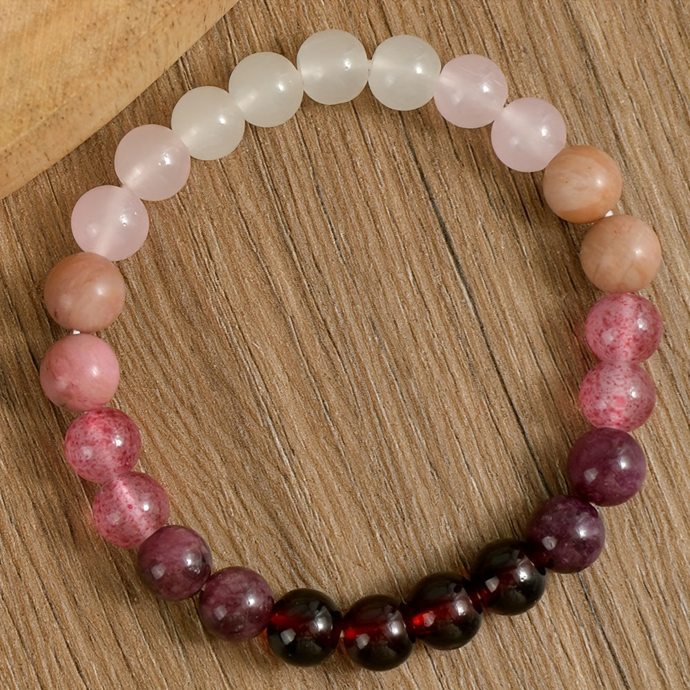 Elegant Simple Style 8mm Beaded Bracelet with Natural Stone, Synthetic Love Spell Gemstone, Garnet Strawberry Quartz, Rhodonite Rose Quartz Moonstone, for Daily Wear and Gift Giving - Valentine's Day All-Season Jewelry