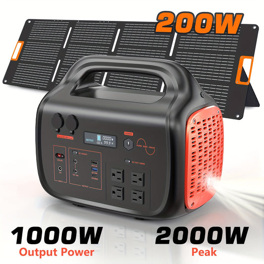 1000W(Peak 2000W)/1075Wh Portable Power Station with Foldable Solar Panel (200W), 1075Wh LiFePO4 (LFP) Battery, Fast Charging, Solar Generator Suitable for Family Emergency Outdoor Hunting Camping RV Trip, Portable Power Stat