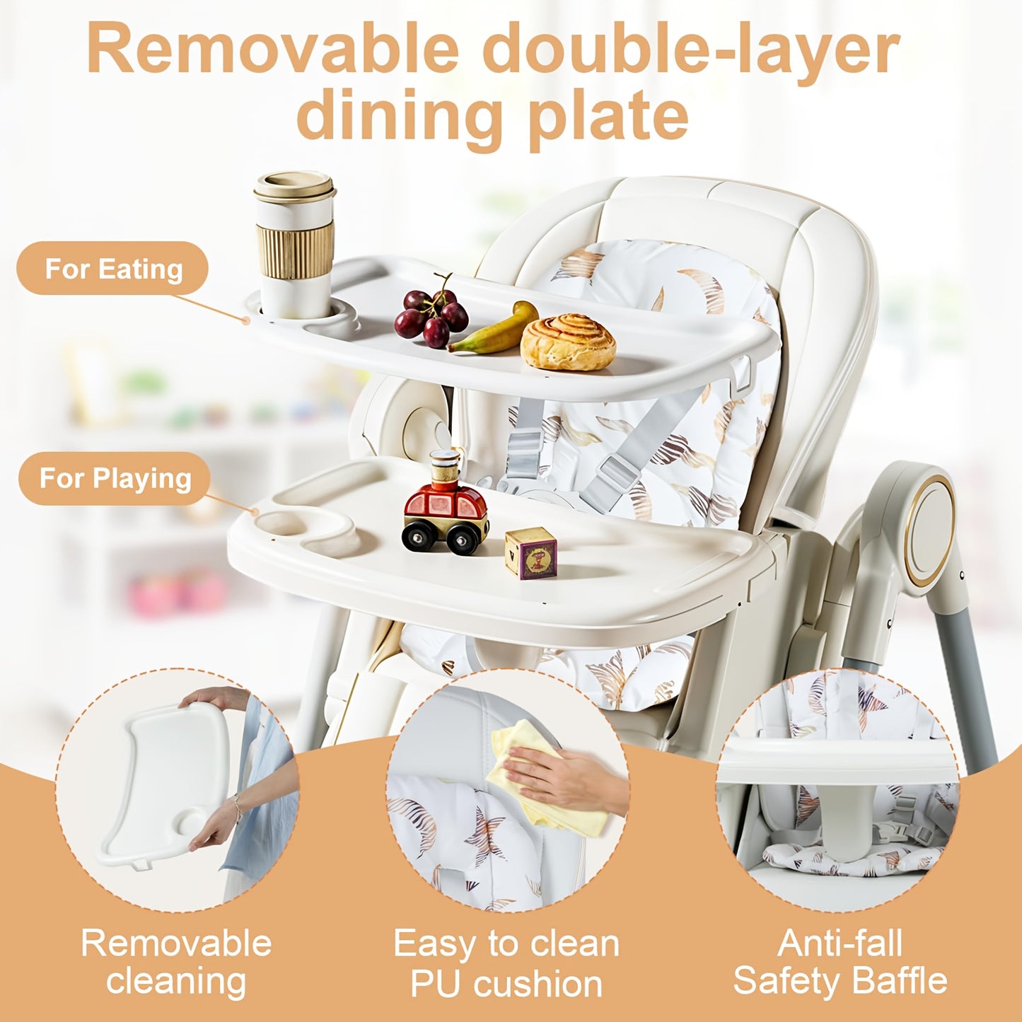 Baby High Chair, Foldable High Chair, Adjustable 2-in-1 High Chair&Swing Chair with 4 Locking Wheels, 7-speed Adjustable, Detachable Cushion, Safe/Comfortable/Easily Meets Baby's Feeding And Resting Needs, 1pc
