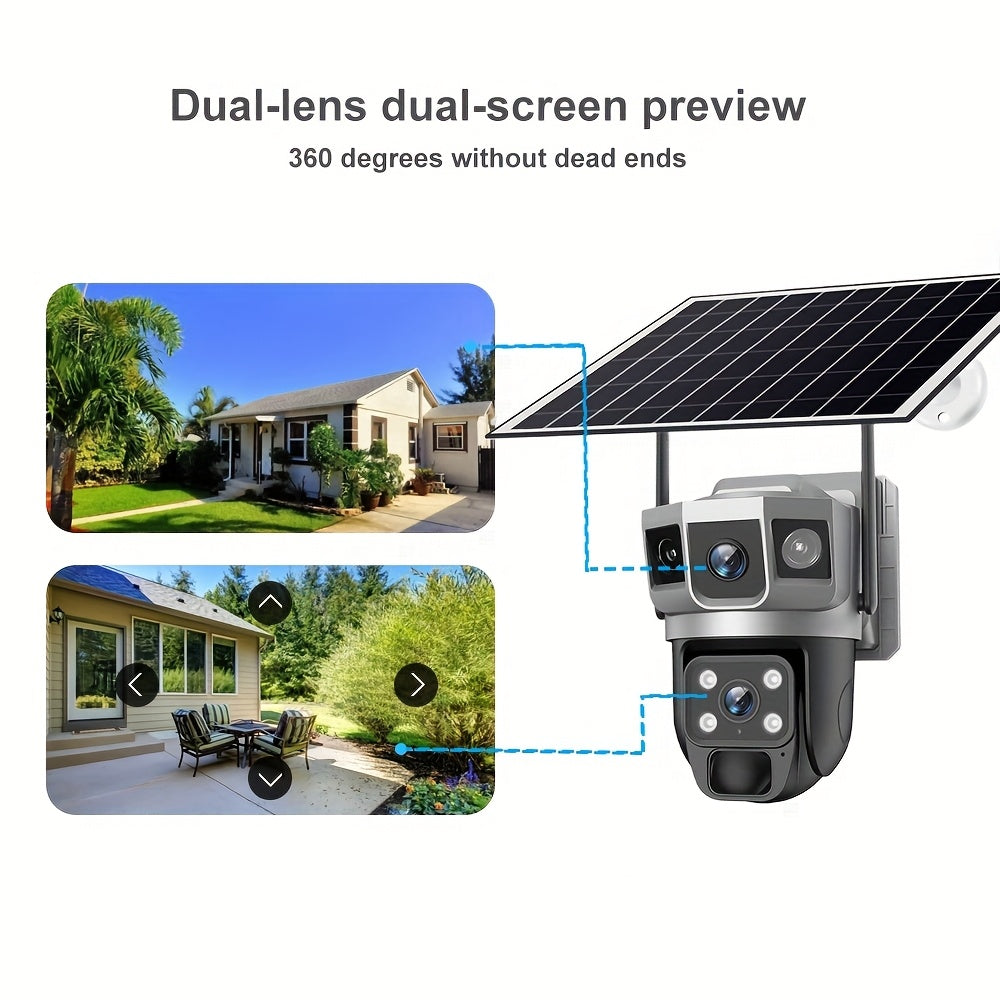 2K Solar Dual Lens Camera, Outdoor 2.4GHz WiFi Camera, Outdoor Security Camera, Pet Camera, Baby Monitor, 360° Security Camera with Siren And Spotlight, Motion Detection, Two-Way Talking, Color Night Vision, 1pc, Free Cloud
